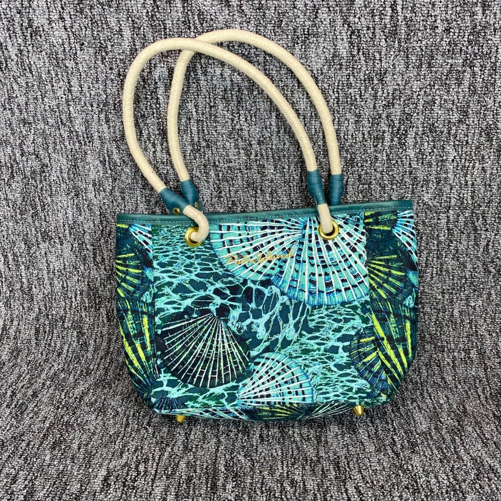 Palm Island Sea Turtle Seashell Tote Bag Pouch Set Teal Blue Beach Rope Handle - Picture 2 of 16